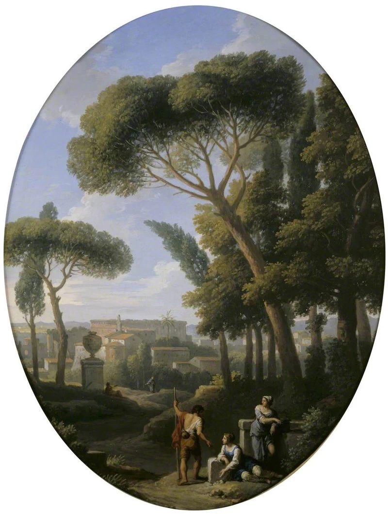 Paesaggio classico con uomo e donna in conversazione e una torre in lontananza - National Trust